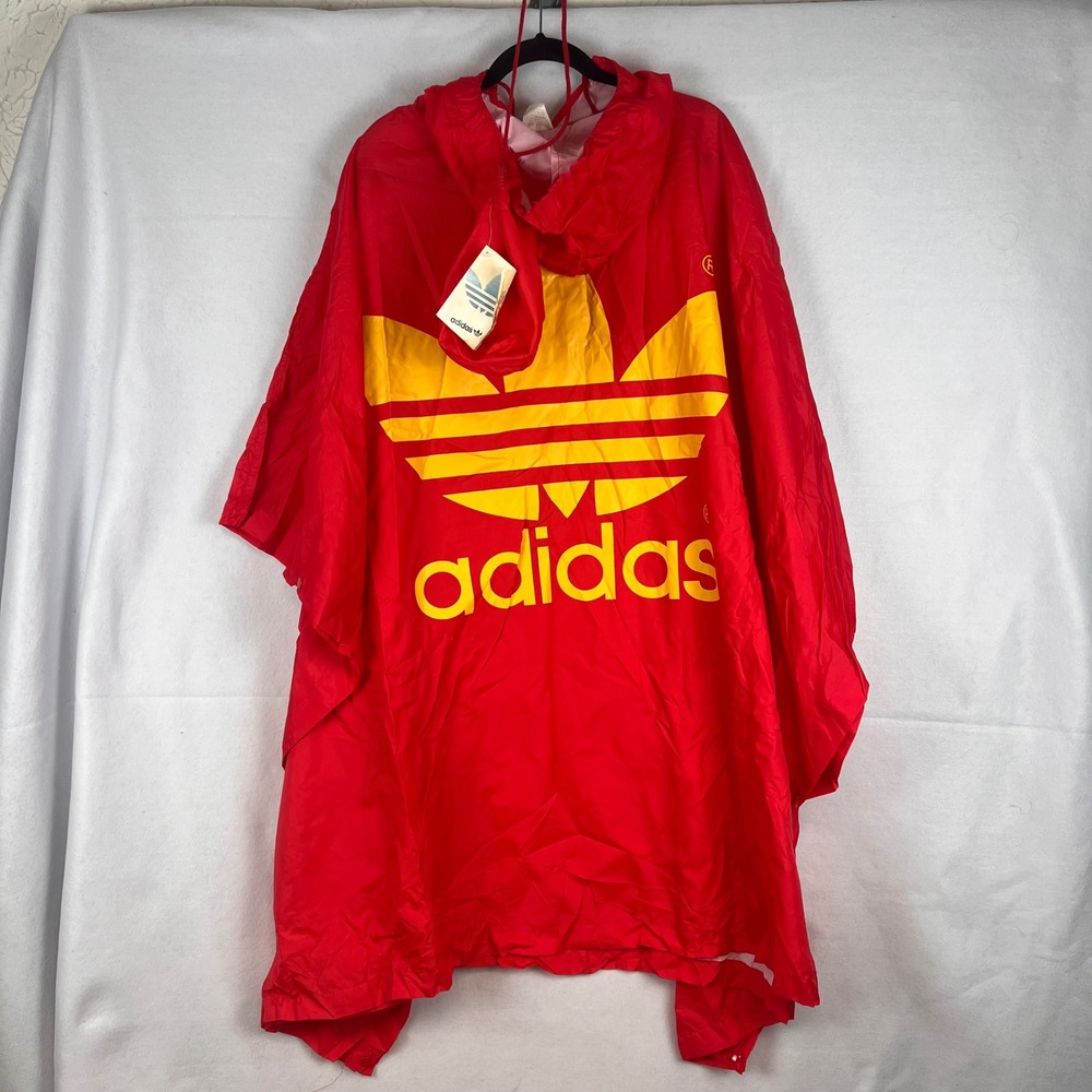 Vintage 80s Adidas Trefoil Big Logo Rain Poncho Red Yellow Packable One Size NWT